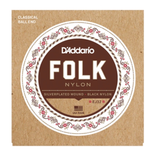 D'Addario EJ32 Folk Nylon Guitar Strings, Ball End, Silver Wound/Black Nylon Trebles