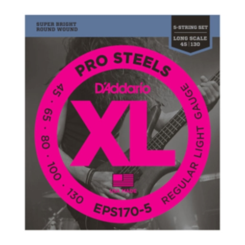 D'Addario EPS170-5 5-String ProSteels Bass Guitar Strings, Light, 45-130, Long Scale