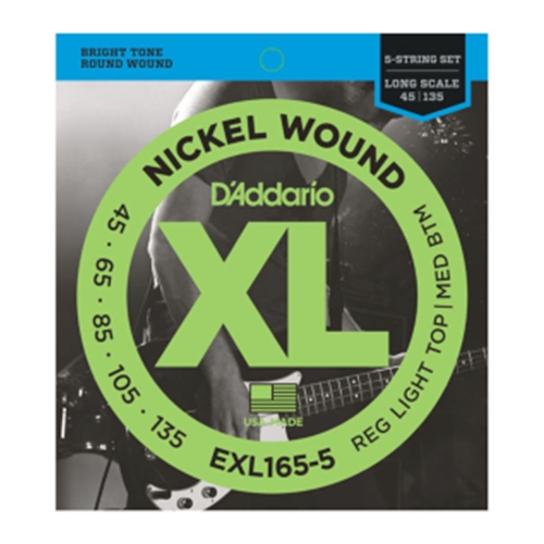 D'Addario EXL165 5-String Nickel Wound Bass Guitar Strings, Custom Light, 45-135, Long Scale