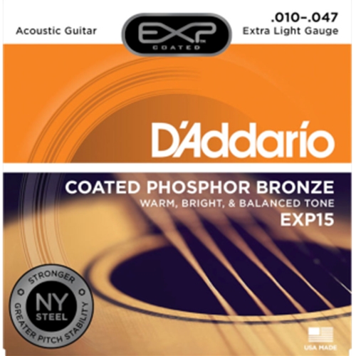 D'Addario EXP15 Coated Phosphor Bronze Acoustic Guitar Strings, Extra Light, 10-47