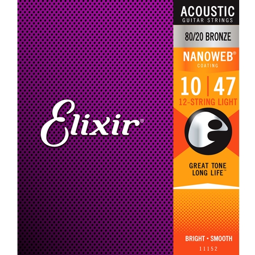 Elixir 80/20 Bronze 12-String Acoustic Guitar Strings w/ NANOWEB Coating, Light 10-47