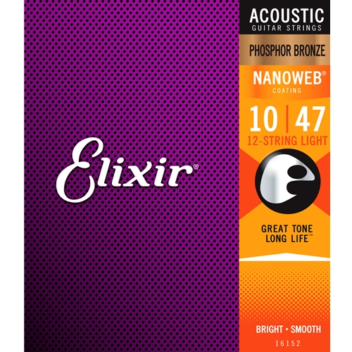 Elixir Phosphor Bronze 12-String Acoustic Guitar Strings w/ NANOWEB Coating, Light 10-47