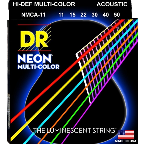 DR Strings Hi-Def Neon Multi-Color K3 Coated Acoustic Guitar Strings NMCA-11 Medium Light 11-50
