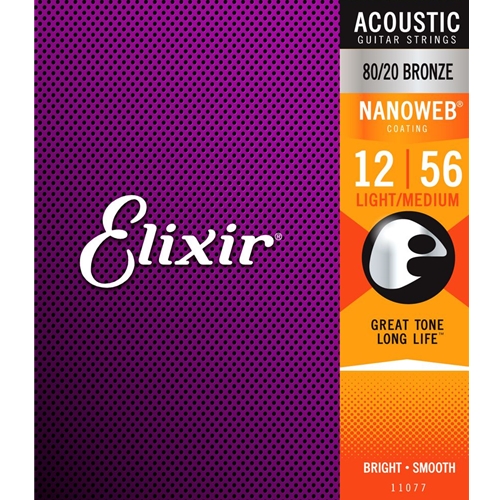 Elixir 80/20 Bronze Acoustic Guitar Strings w/ NANOWEB Coating, Light-Medium 12-56